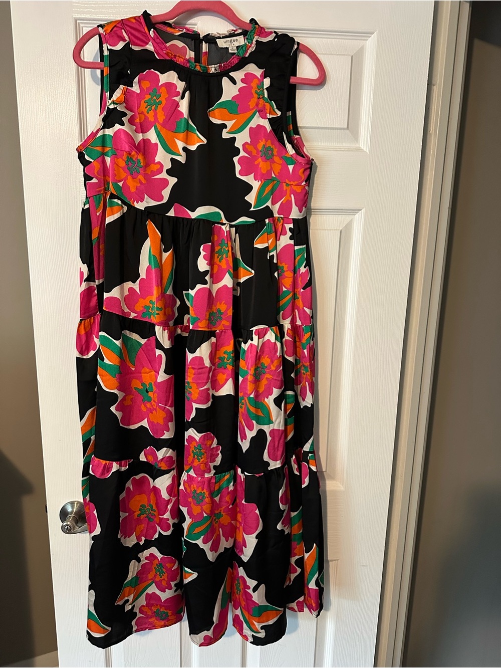 Umgee Black Midi Dress with Pink, Orange & Green Floral Print